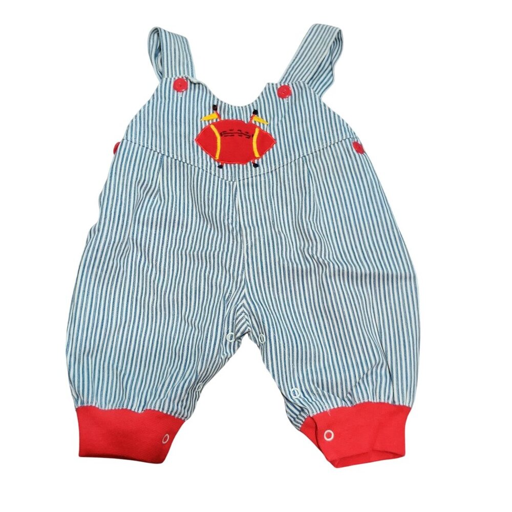 Vintage Baby Overalls 0 - 6M Blue White Stripe Red Trim Football Romper Baby Boy